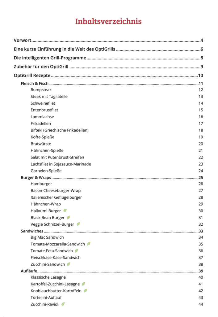 OptiGrill Kochbuch Inhaltsverzeichnis 1