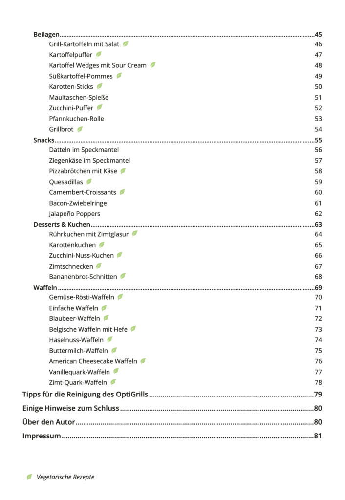 OptiGrill Kochbuch Inhaltsverzeichnis 2